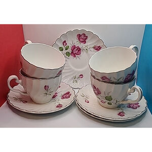 4 Johnson Brothers Flower 5.5" Plates With 4 Matching Tea Cups Made In England